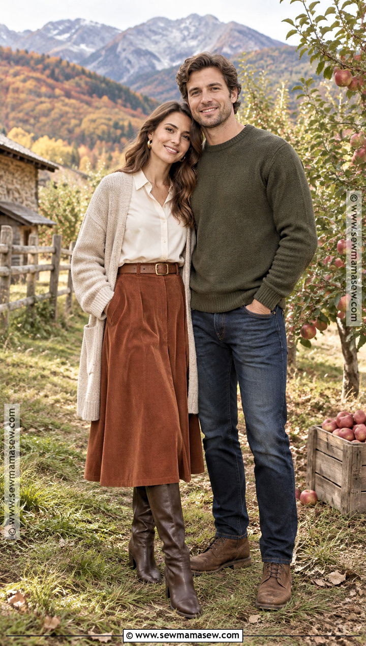 White Blouse And Corduroy Skirt Mountain Engagement Outfit - 15 Fall Mountain Engagement Photos Outfit Ideas