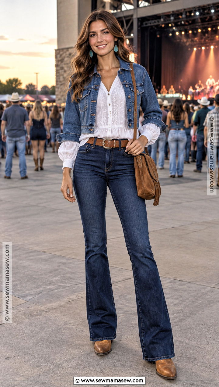 White Blouse And Dark Bootcut Jeans Country Concert Outfit - 25 fall country concert outfit ideas