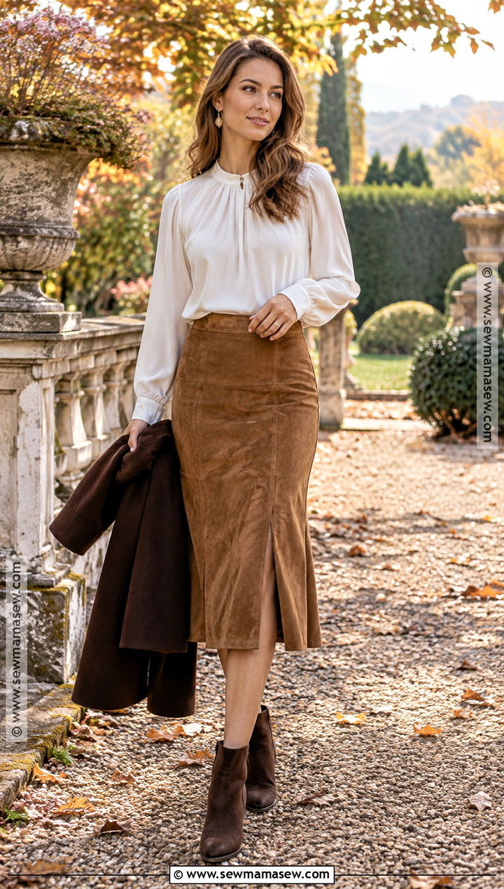 White Blouse And Suede Skirt Engagement Photo Outfit - 15 fall outfits women engagement photos