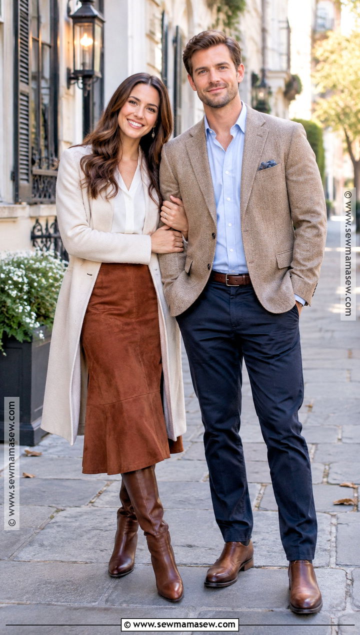 White Blouse And Suede Skirt Fall Engagement Shoot Outfit - 20 engagement shoot outfit fall ideas