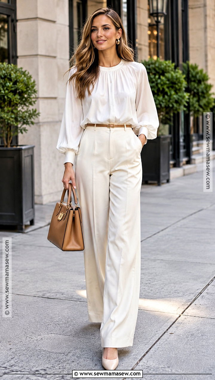 White Blouse And Wide Leg Pants Fall Engagement Outfit - 15 White Fall Engagement Outfit Ideas