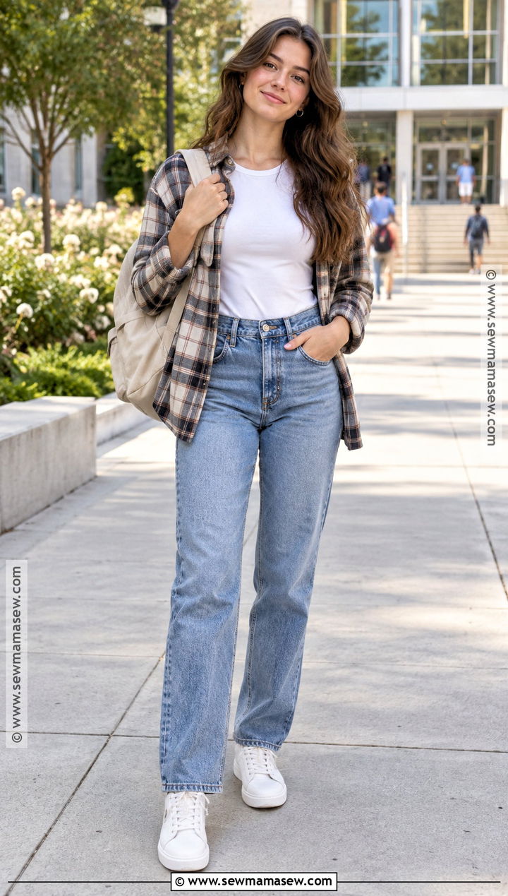 White Bodysuit With Straight Leg Jeans And Sneakers - 15 Back To School Outfits Bodysuit