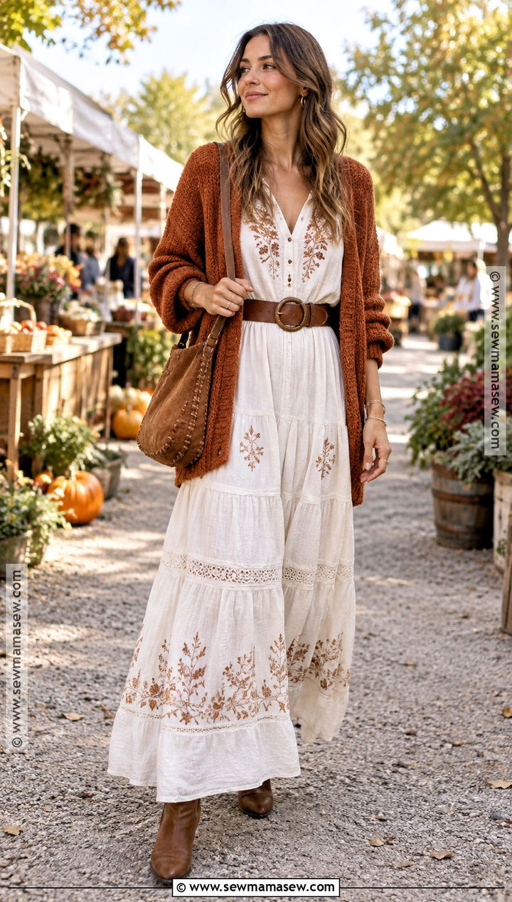 White Boho Dress With Brown Accessories - 20 White Fall Dress Ideas