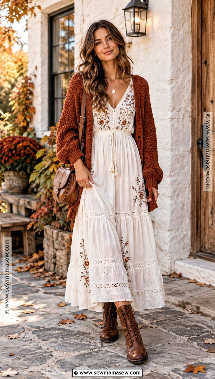 White Boho Dress With Chunky Cardigan - 15 fall white dresses