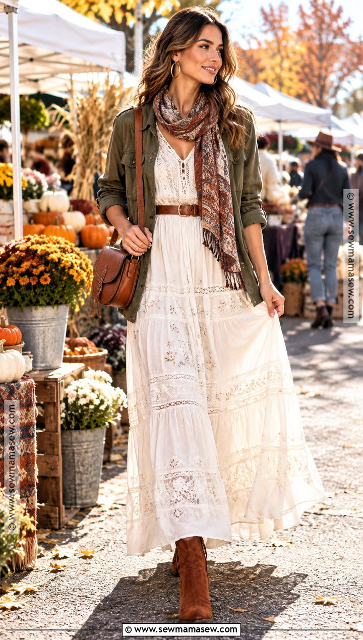 White Boho Dress With Suede Ankle Boots - 20 white dress autumn outfit ideas