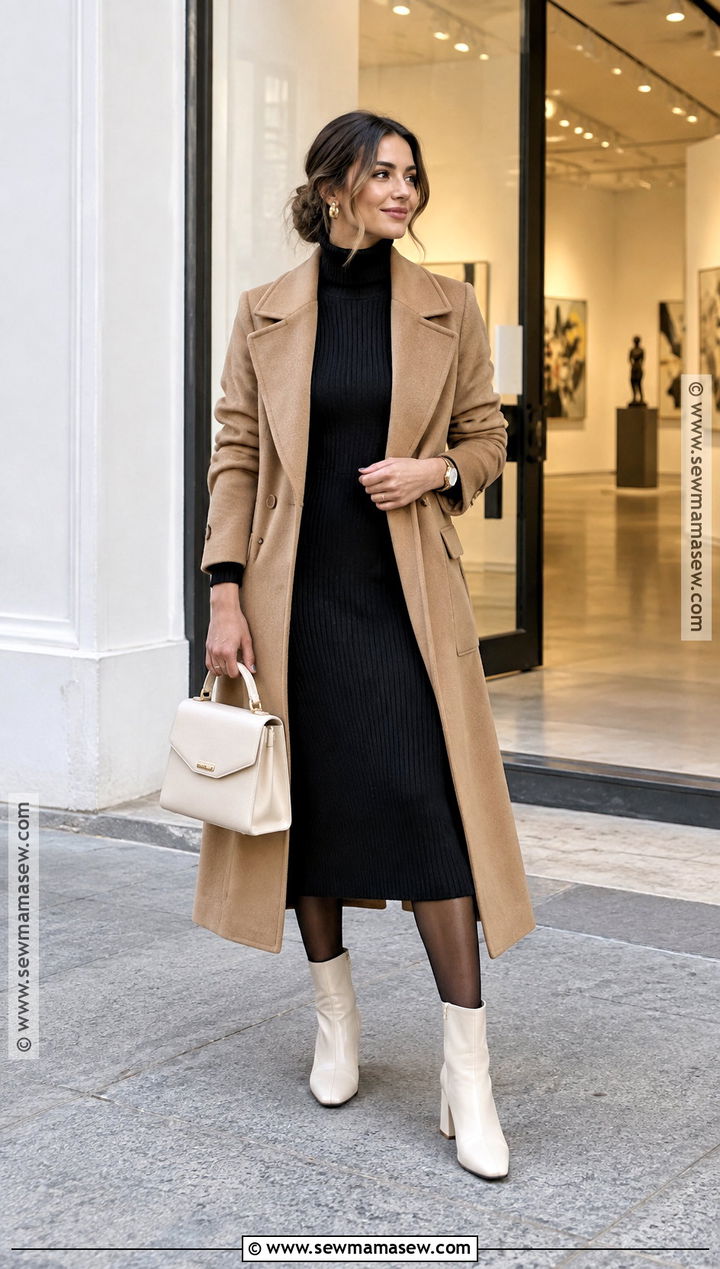 White Boots With Black Dress And Tailored Coat - 25 boots outfit fall