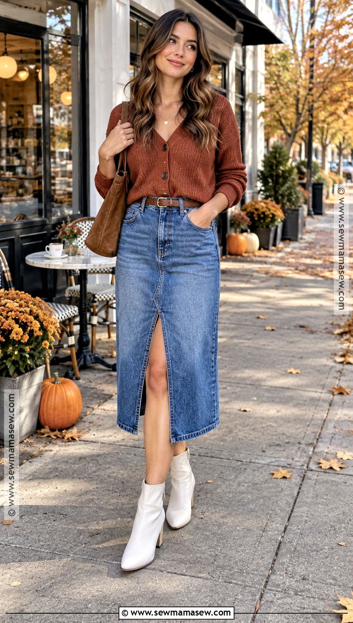 White Boots With Denim Midi Skirt And Cardigan - 15 styling white boots fall