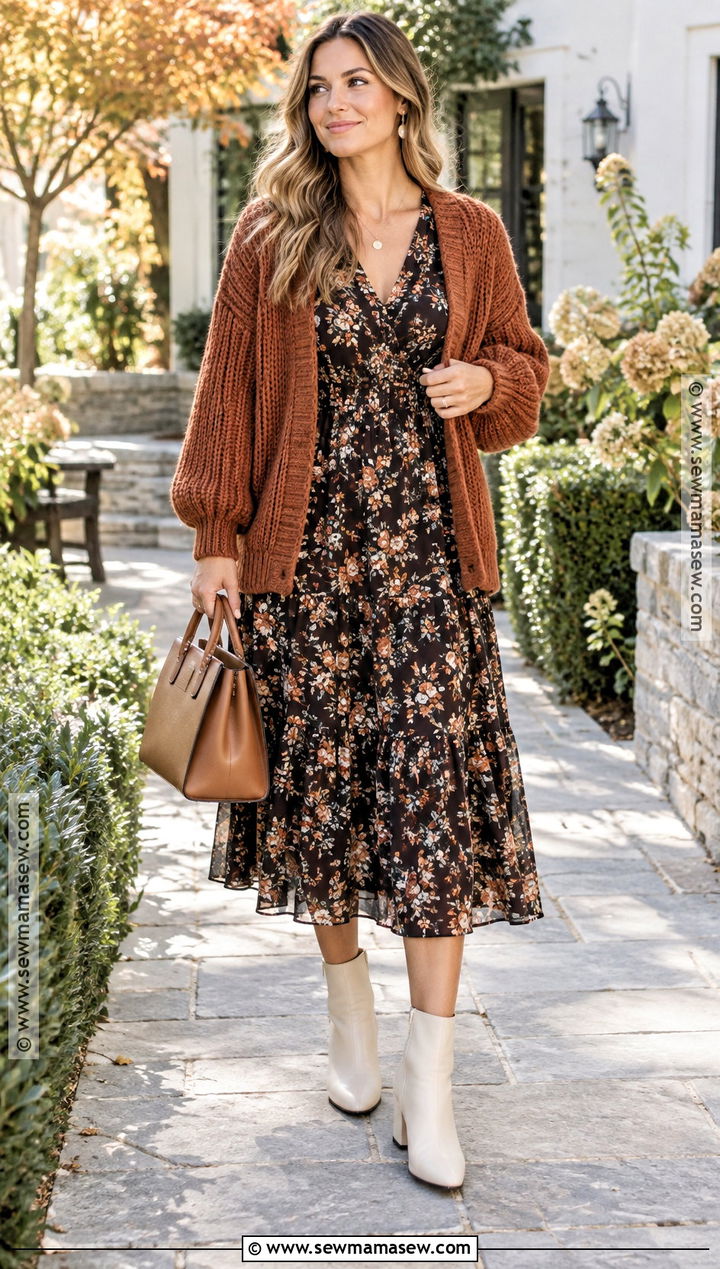 White Boots With Floral Midi Dress - 20 cute fall boots