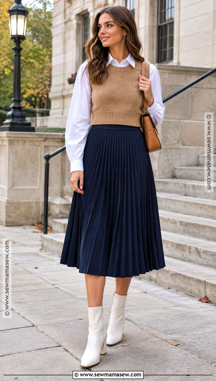 White Boots With Pleated Skirt And Sweater Vest - 20 Fall Outfits White Boots