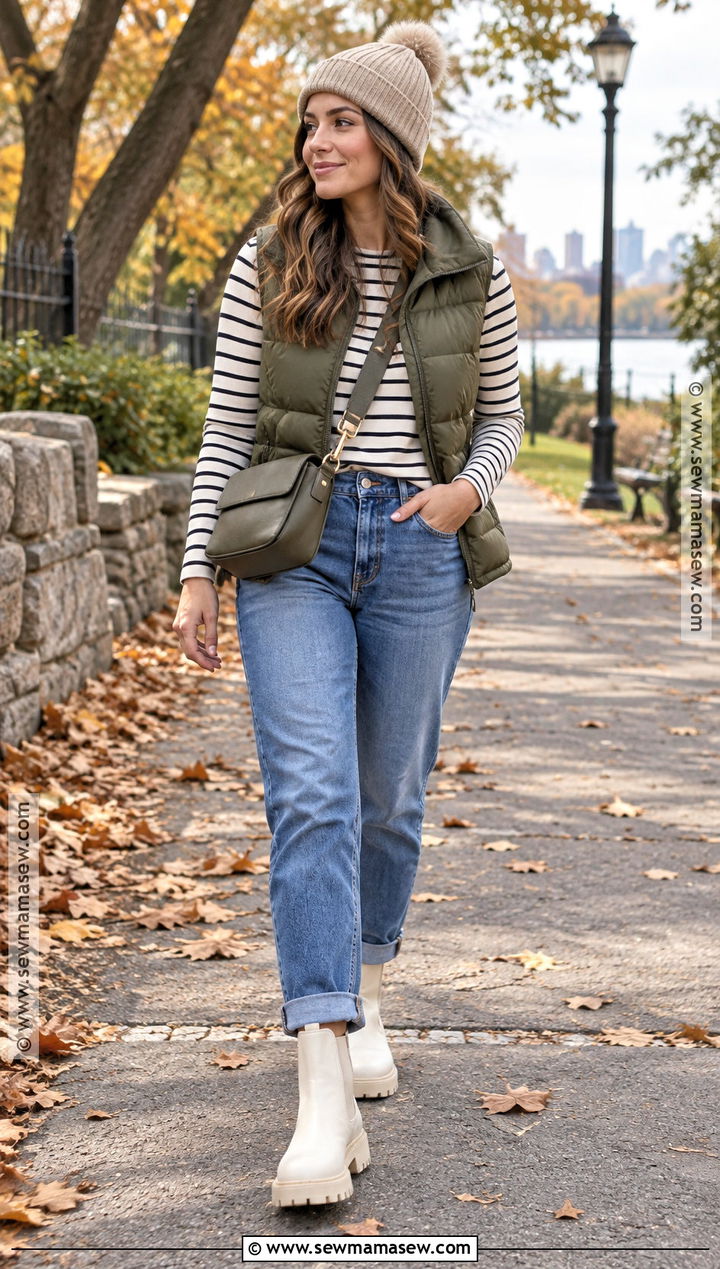 White Boots With Puffer Vest And Relaxed Jeans - 20 Fall Outfits White Boots