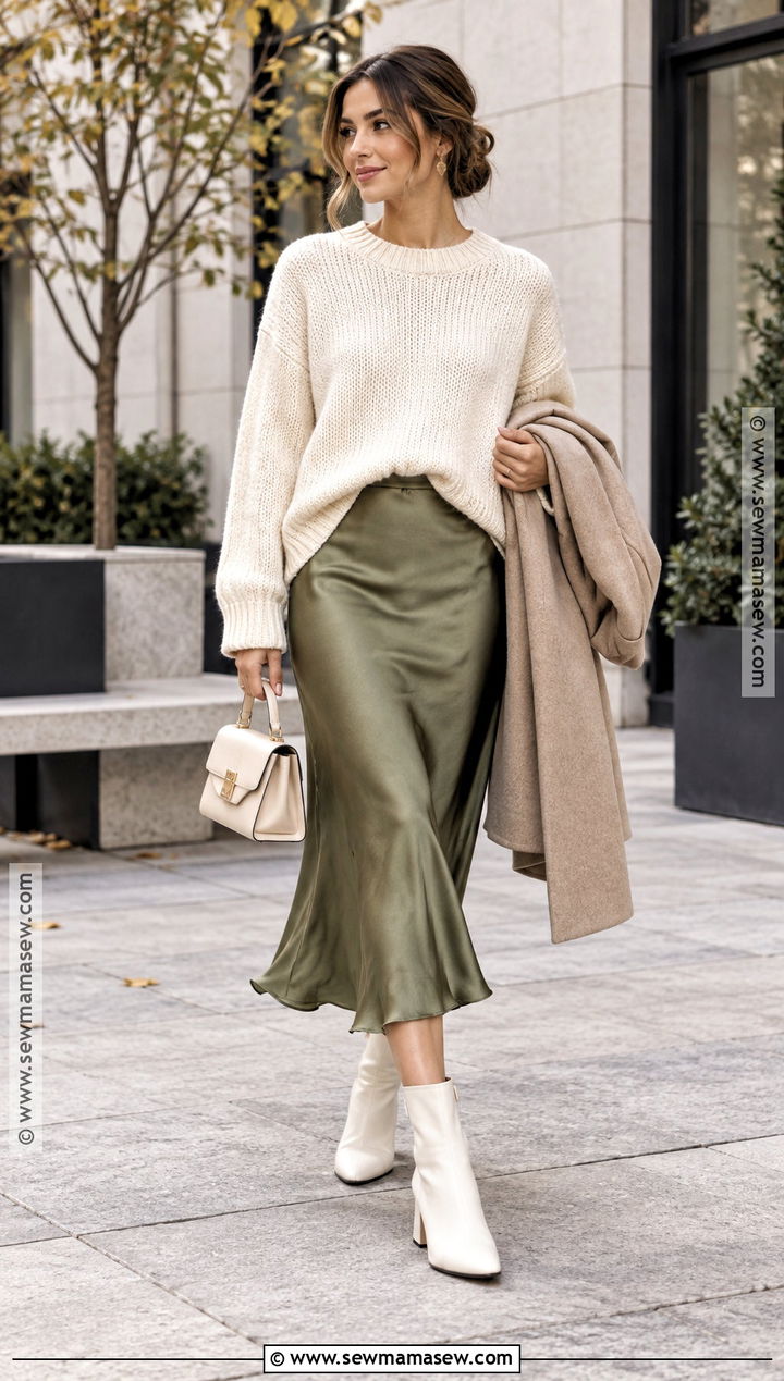 White Boots With Satin Skirt And Oversized Sweater - 20 Fall Outfits White Boots