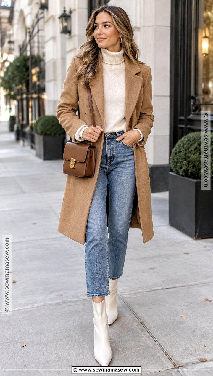 White Boots With Straight Leg Jeans And Camel Coat - 15 styling white boots fall