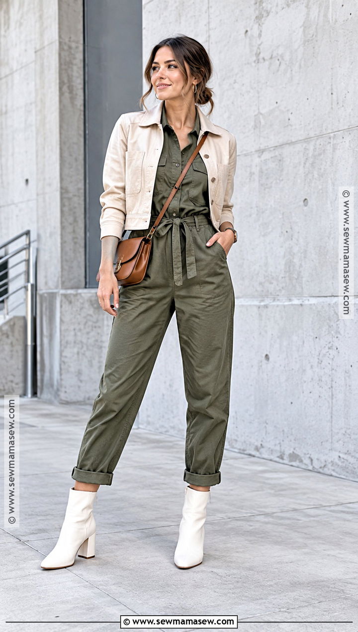White Boots With Utility Jumpsuit And Belt - 20 Fall Outfits White Boots
