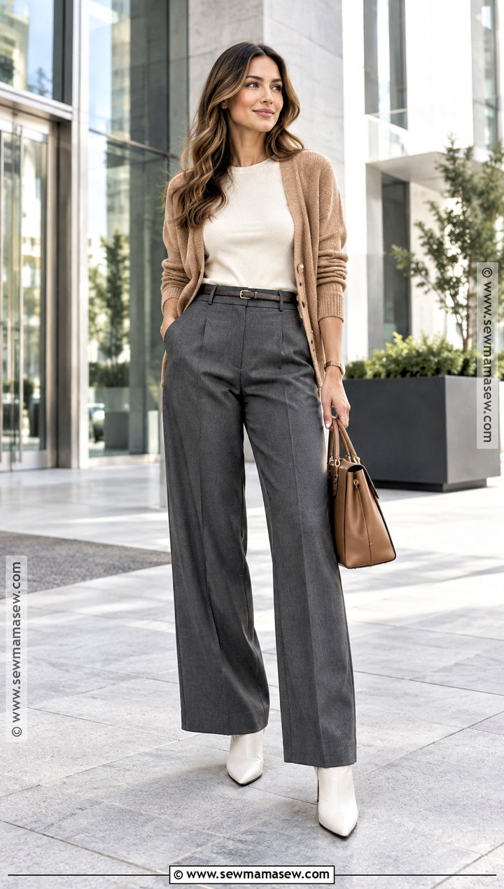 White Boots With Wide Leg Trousers And Cardigan - 20 Fall Outfits White Boots