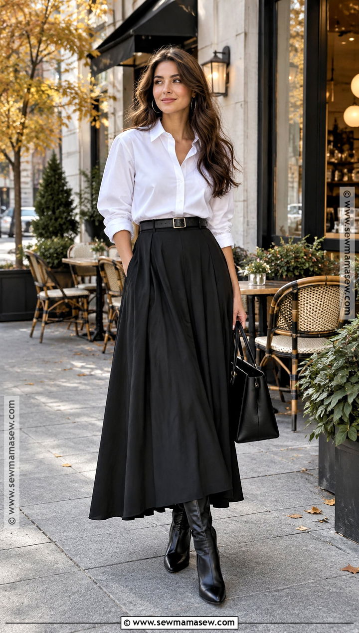 White Button Down And Black Maxi Skirt Outfit - 15 Fall Fashion Black And White Ideas