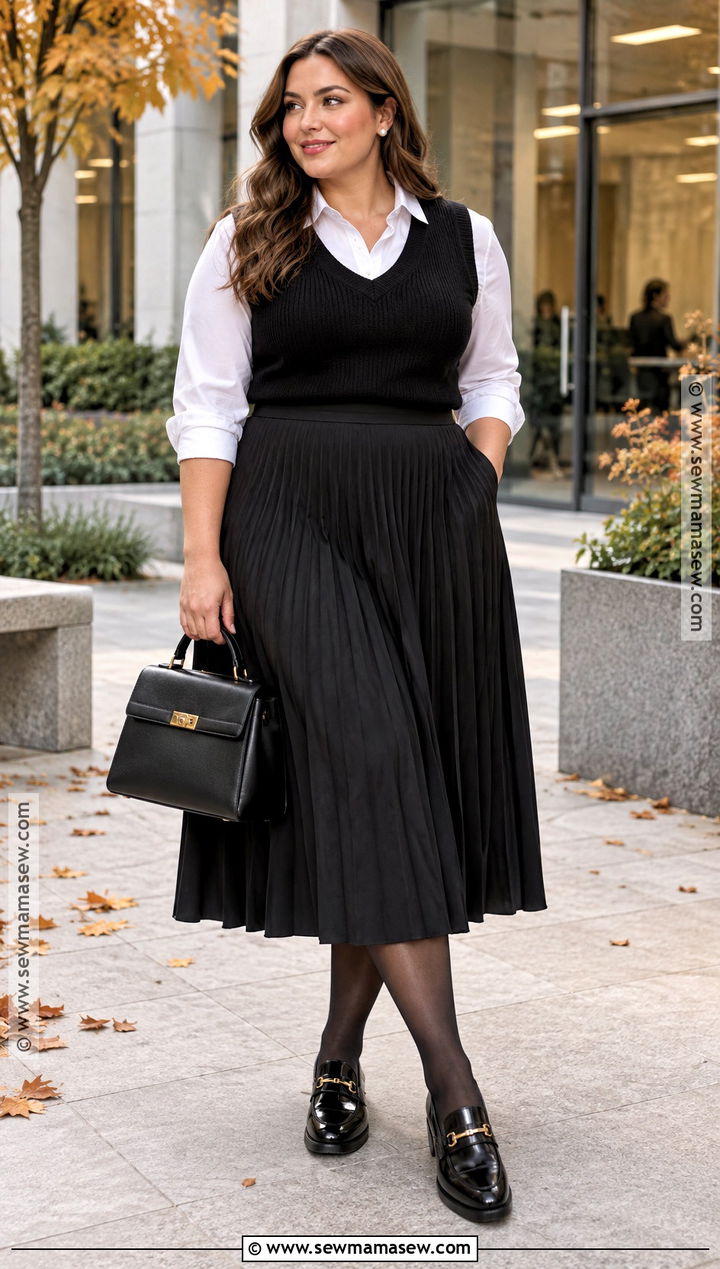White Button Down And Black Midi Skirt Fall Outfit - 15 White And Black Fall Outfit Ideas