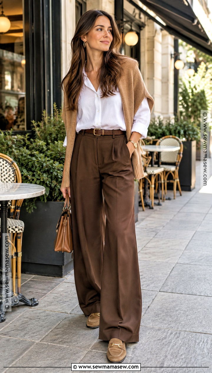 White Button Down And Brown Trousers Fall Picture Outfit - 20 fall picture outfits for women