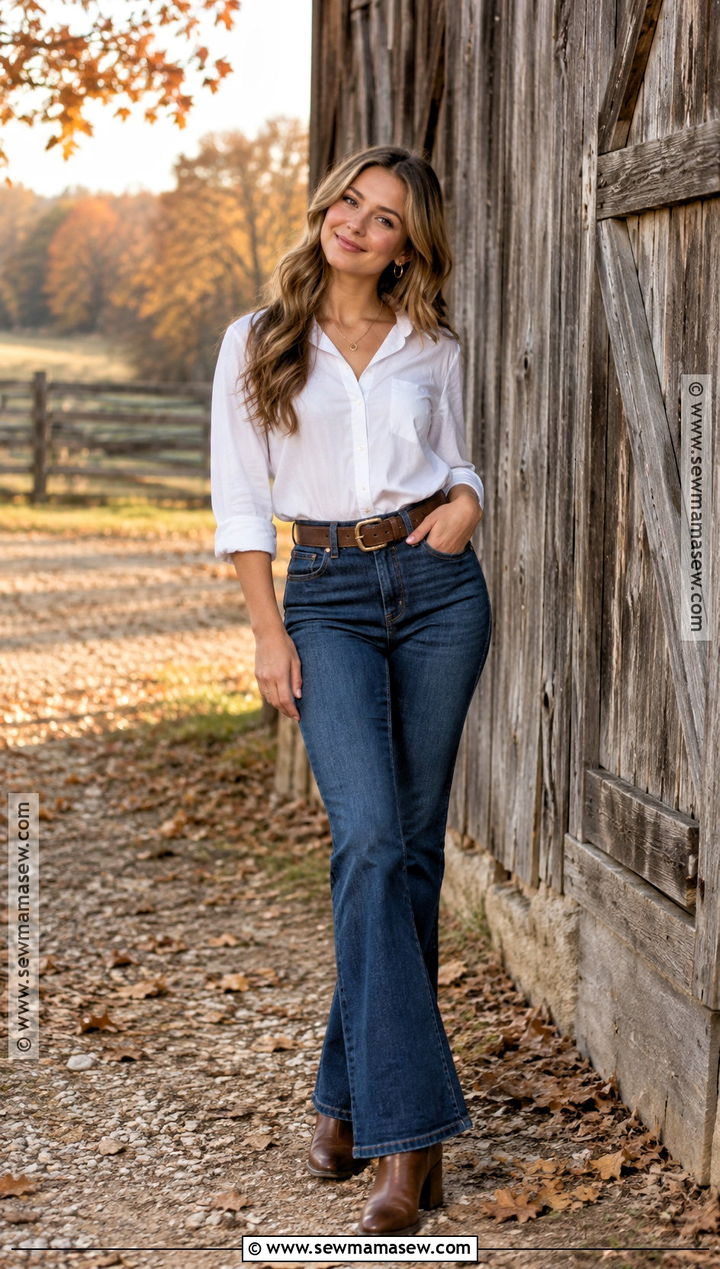 White Button Down And Flare Jeans Fall Senior Picture Outfit - 15 fall outfits for senior pictures photo shoot