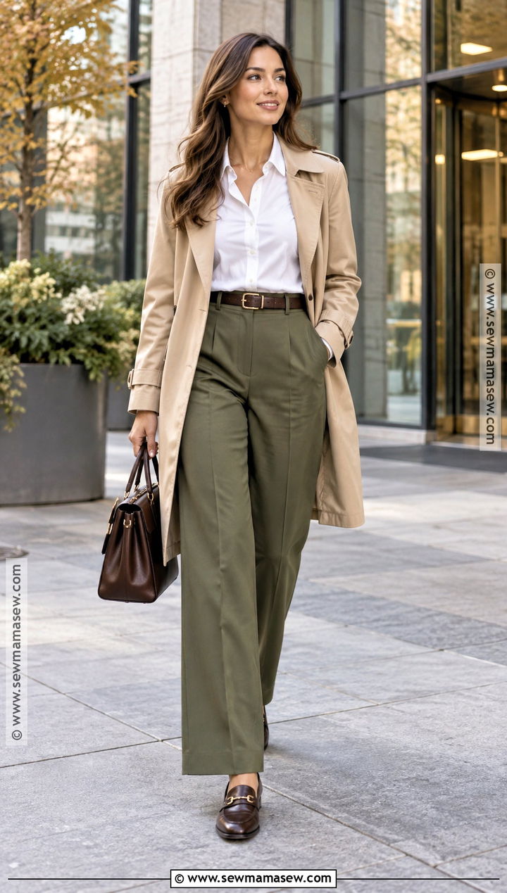 White Button Down And Olive Trousers Fall Work Outfit - 20 Work Outfit Fall Ideas