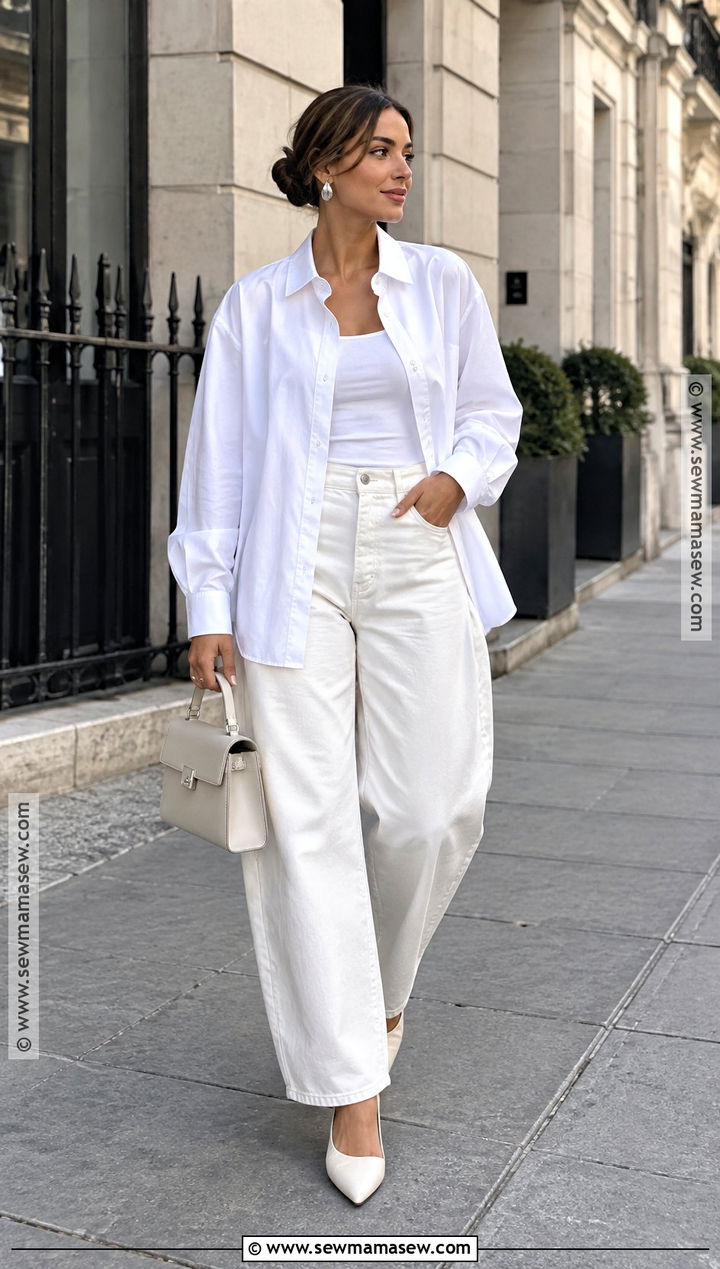 White Button Down And White Barrel Jeans Outfit - 20 all white fall outfit ideas