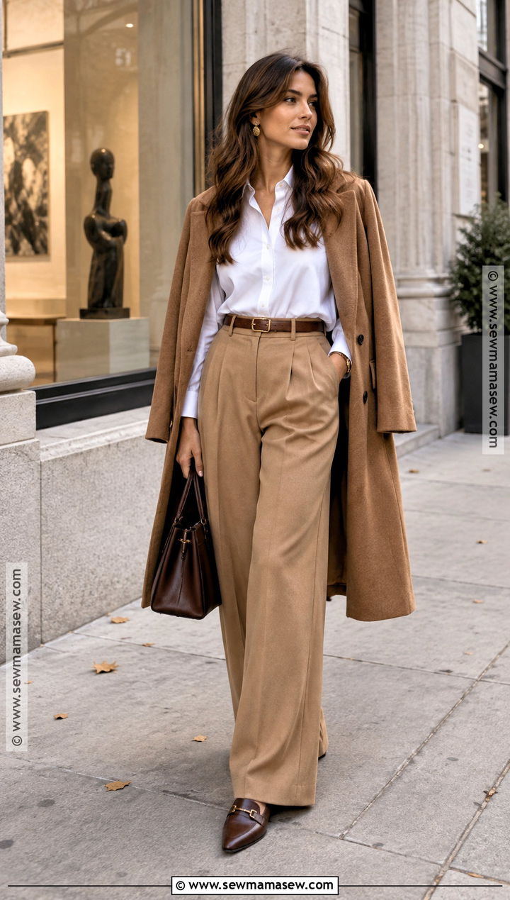 White Button Down And Wide Leg Trousers Fall Engagement Outfit - 20 fall engagement outfit ideas