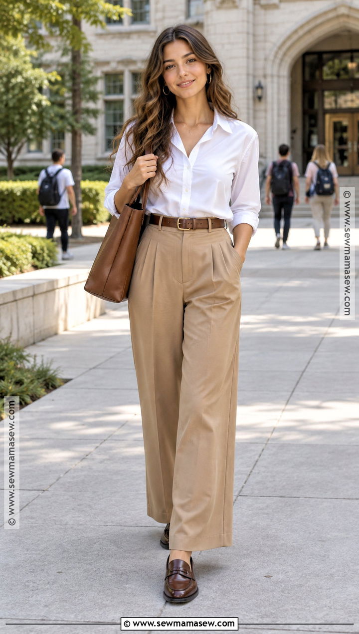 White Button Down And Wide Leg Trousers Outfit - 20 Classy Back To School Outfits