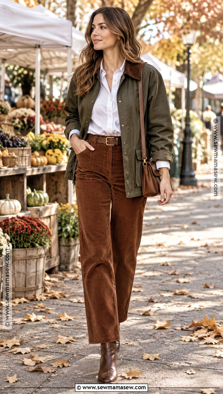 White Button Down Shirt With Corduroy Pants And Barn Jacket - 20 white button down shirt outfit fall ideas