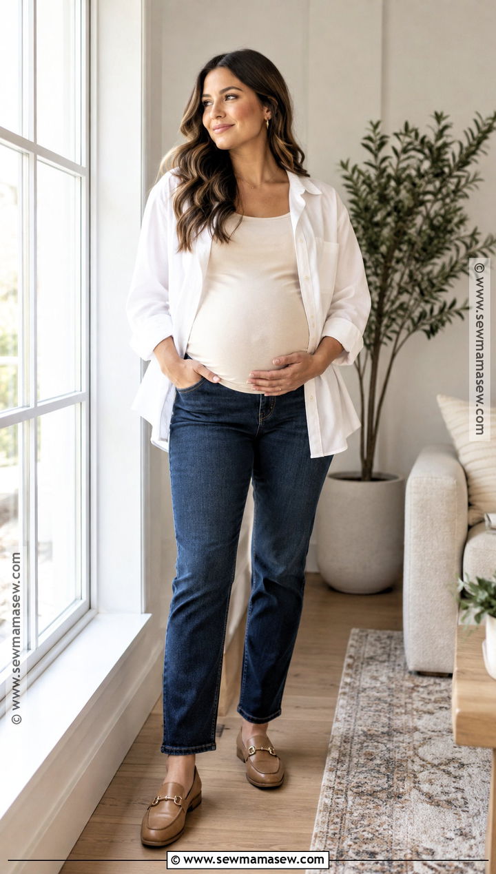 White Button Down Shirt With Maternity Jeans - 15 casual maternity outfits photoshoot fall