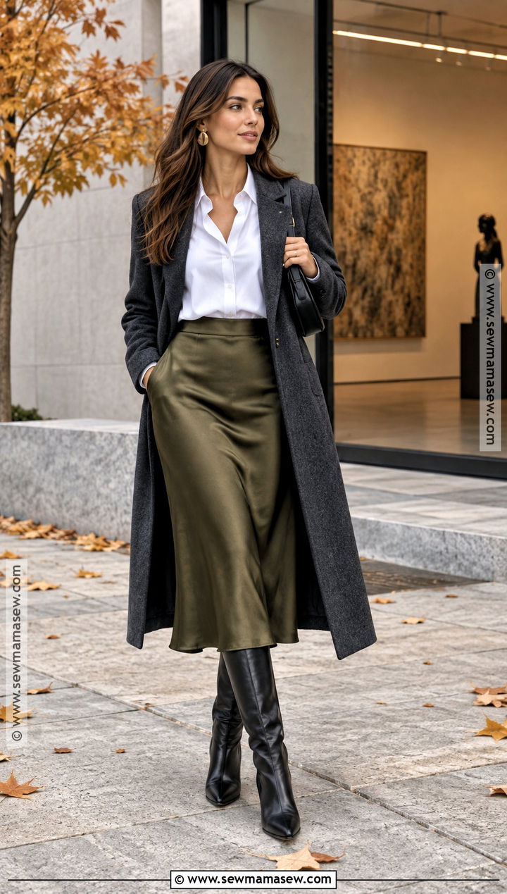 White Button Down Shirt With Satin Midi Skirt - 20 white button down shirt outfit fall ideas