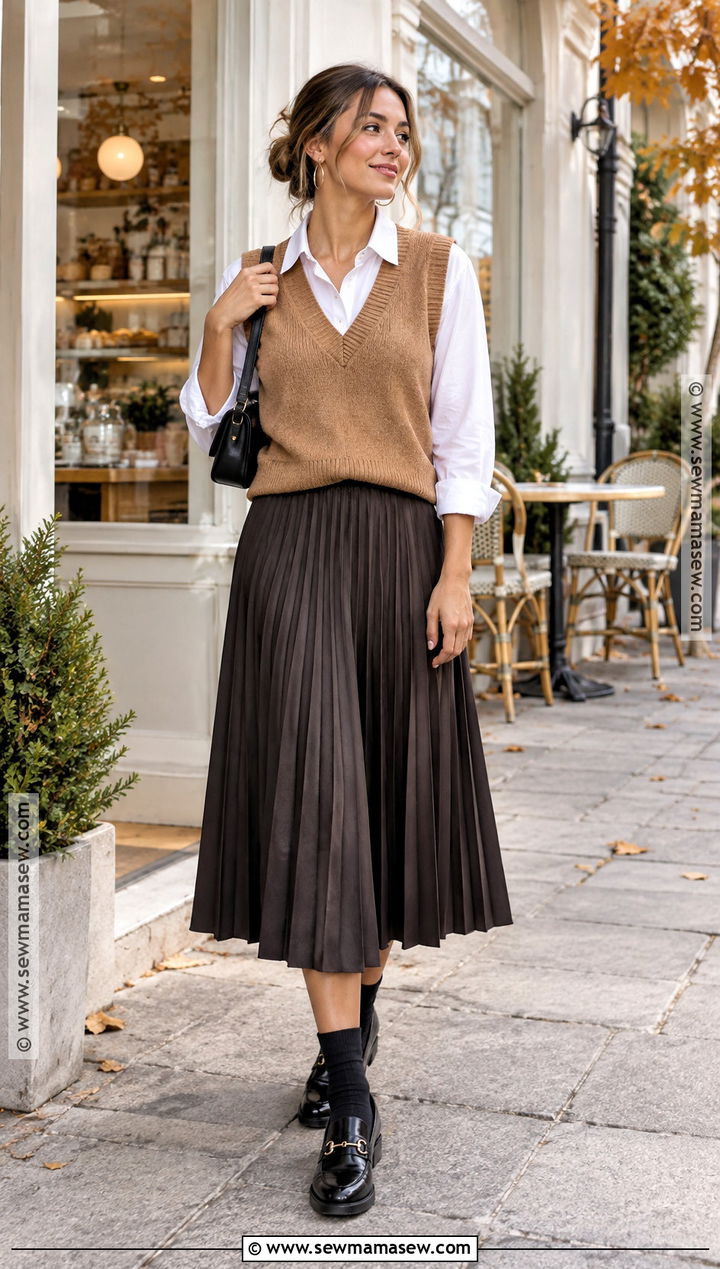 White Button Down Shirt With Sweater Vest And Midi Skirt - 20 white button down shirt outfit fall ideas