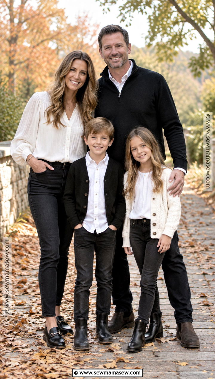 White Button Down Shirts And Black Jeans Family Outfit - 15 Fall Family Photos Black And White Outfits