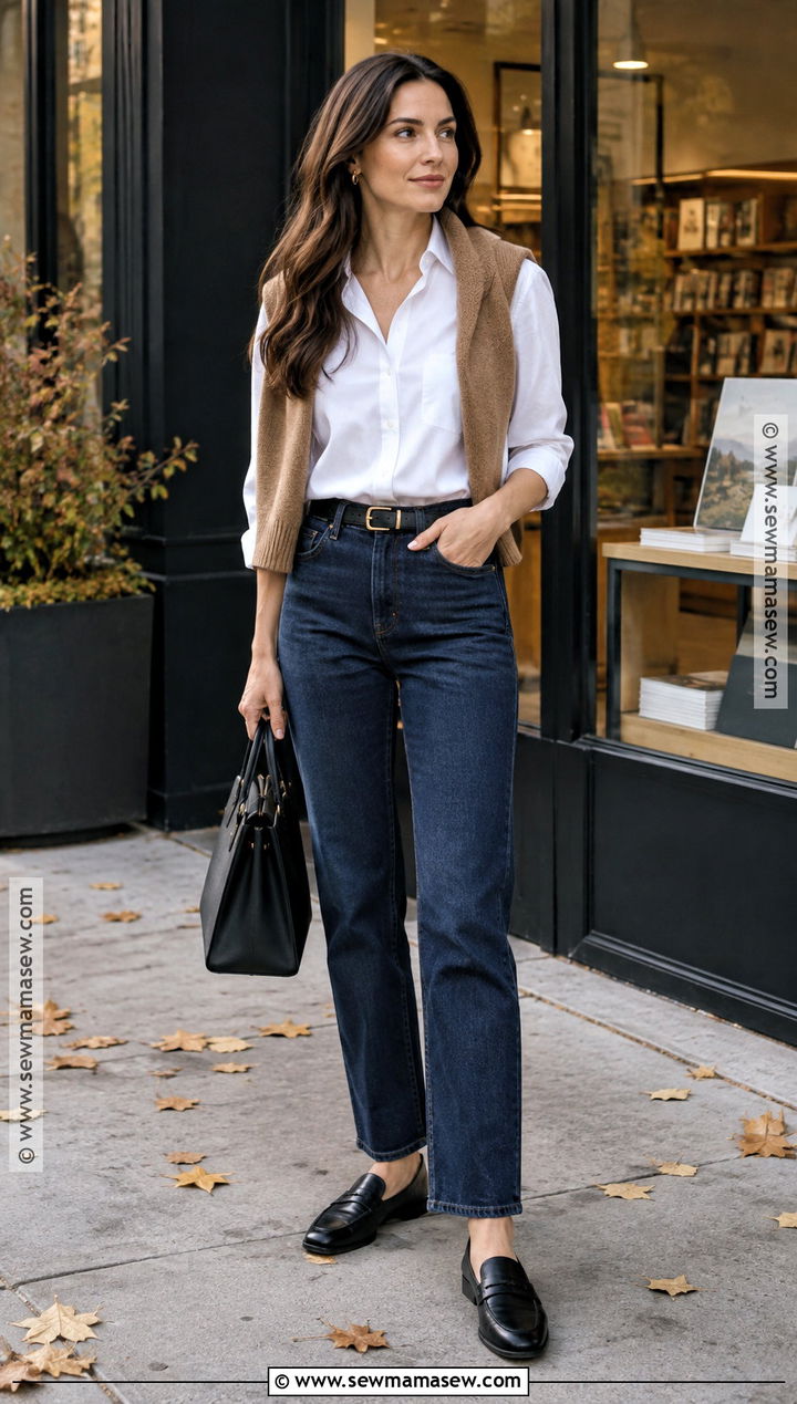 White Button Down With Dark Wash Jeans - 20 fall clean girl outfits