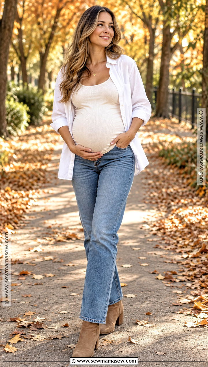 White Button Down With Maternity Jeans - 15 fall maternity photos jeans