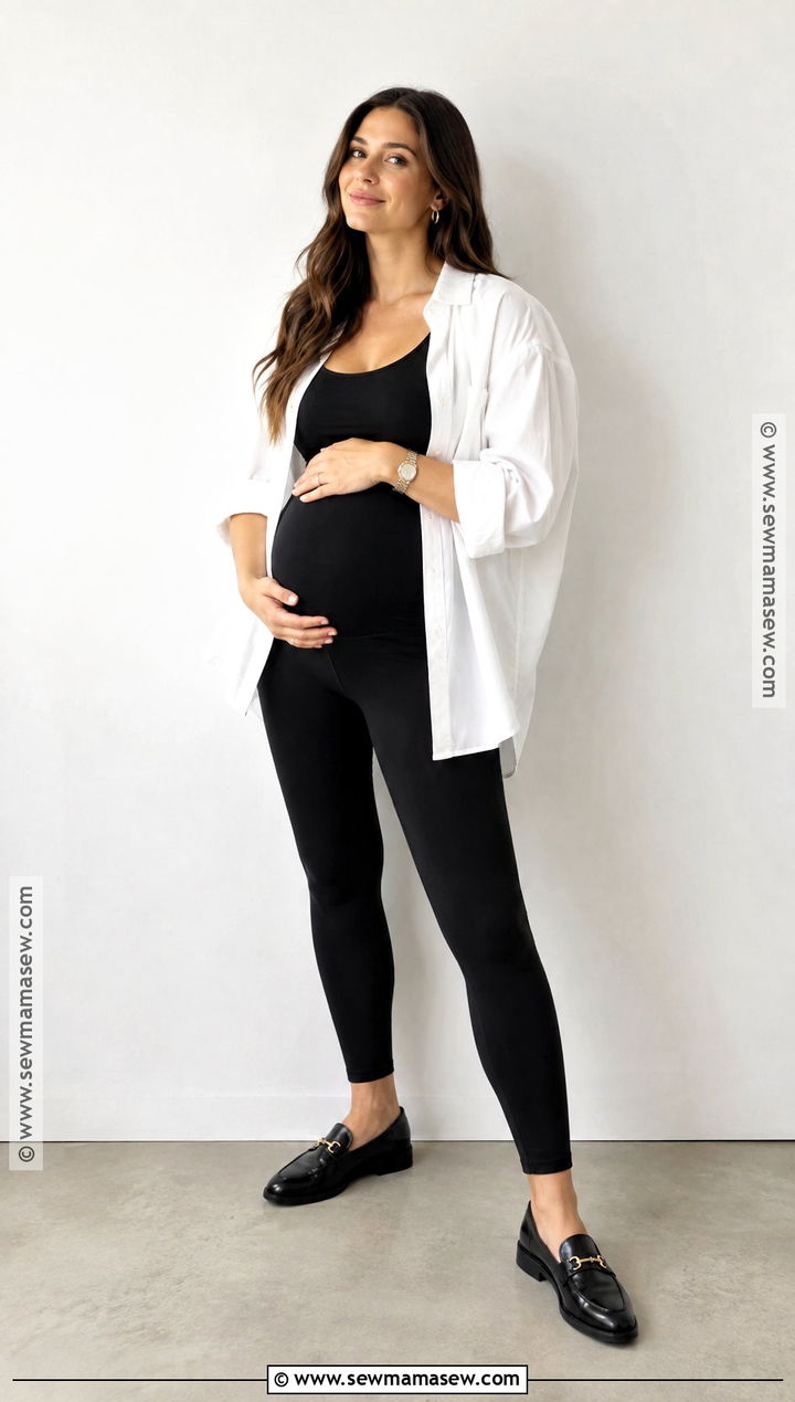 White Button Down and Black Leggings Outfit - 15 september maternity pictures outfits
