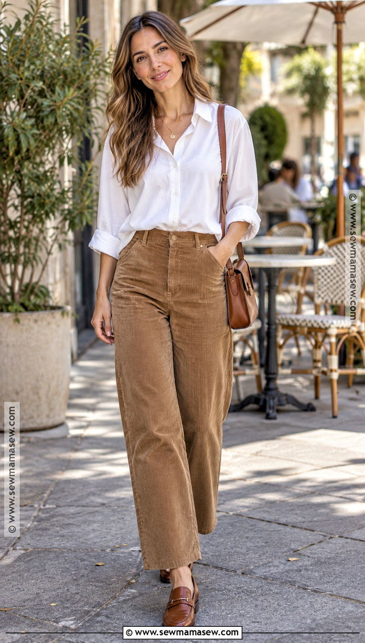 White Button Down and Corduroy Pants Fall Capsule Outfit - 15 Fall Capsule Wardrobe 2026 Casual Ideas