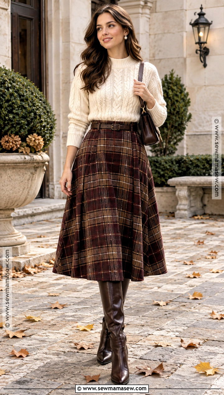 White Cable Knit Sweater With Plaid Skirt And Boots - 25 white fall outfit ideas