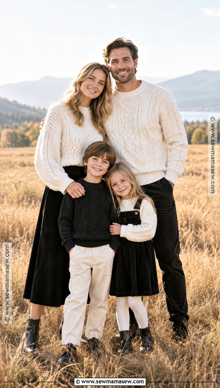 White Cable Knit Sweaters And Black Corduroy Family Outfit - 15 Fall Family Photos Black And White Outfits