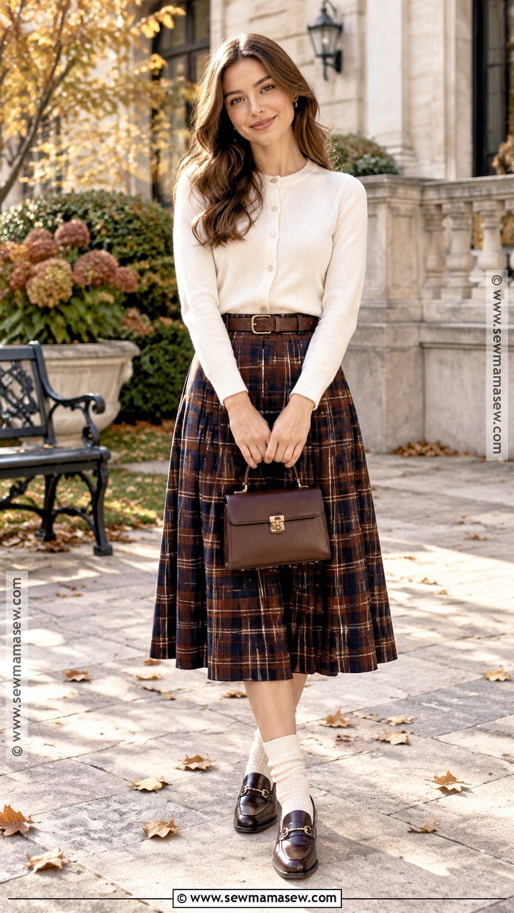 White Cardigan With Plaid Midi Skirt - 20 White Cardigan Outfit Fall Ideas