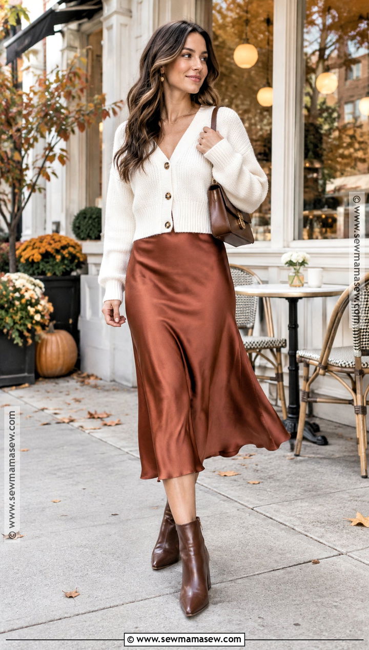 White Cardigan With Satin Midi Skirt And Boots - 25 white fall outfit ideas