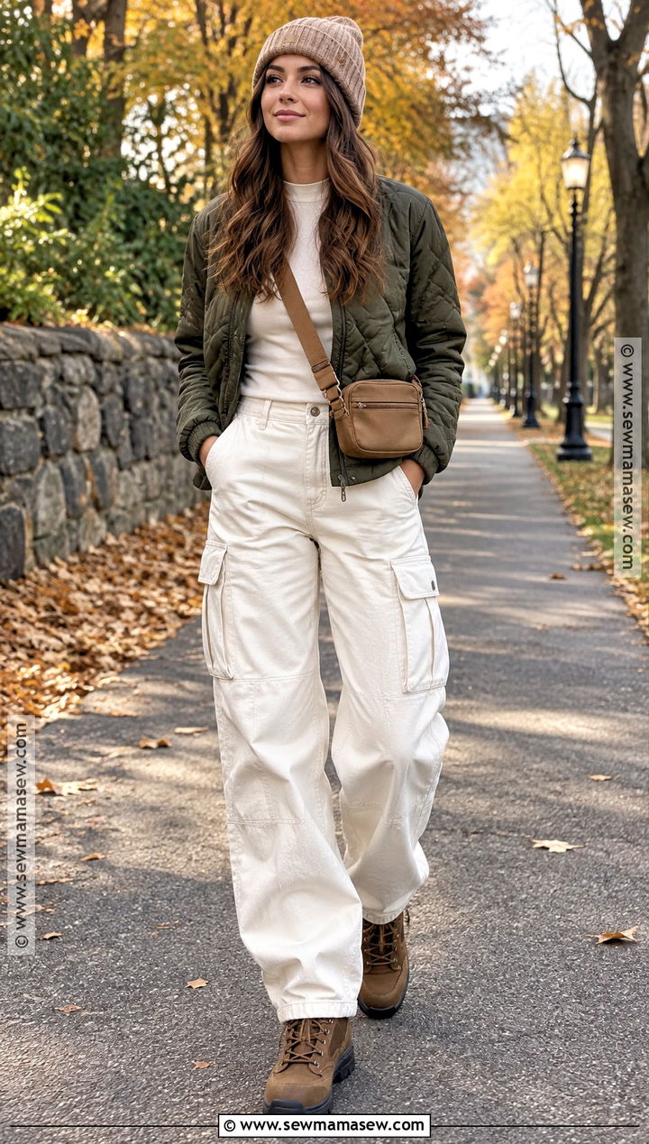 White Cargo Pants And Quilted Jacket Outfit - 20 white autumn outfit ideas