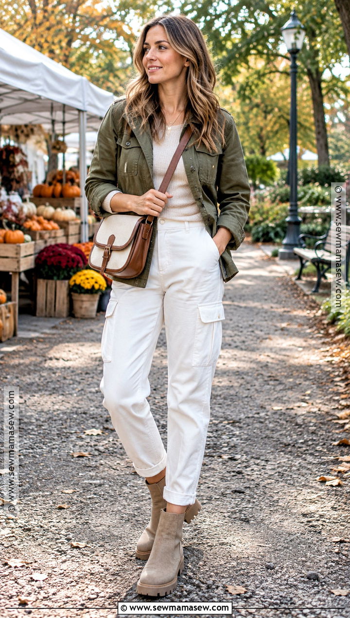 White Cargo Pants With An Olive Utility Jacket - 20 White Pant Fall Outfit Ideas