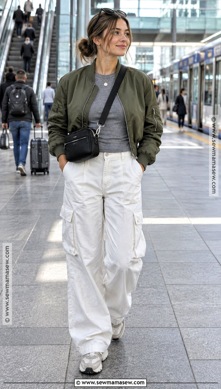 White Cargo Pants With Bomber Jacket - 15 White Pants For Fall