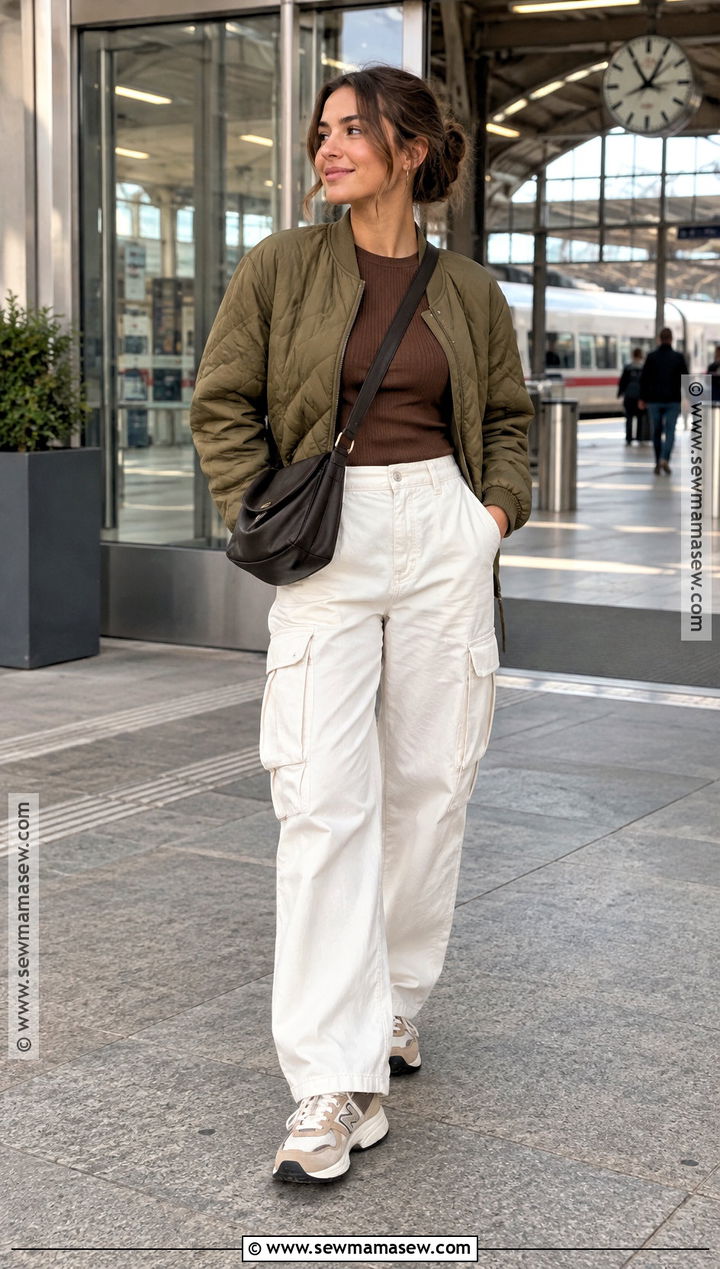 White Cargo Pants With Quilted Jacket - 20 white pants autumn outfit