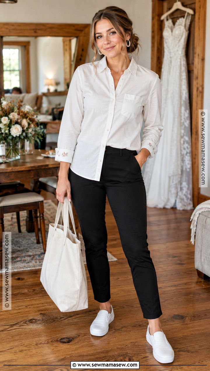 White Chambray Shirt And Ponte Pants - 15 Bridal Getting Ready Outfit Fall Ideas