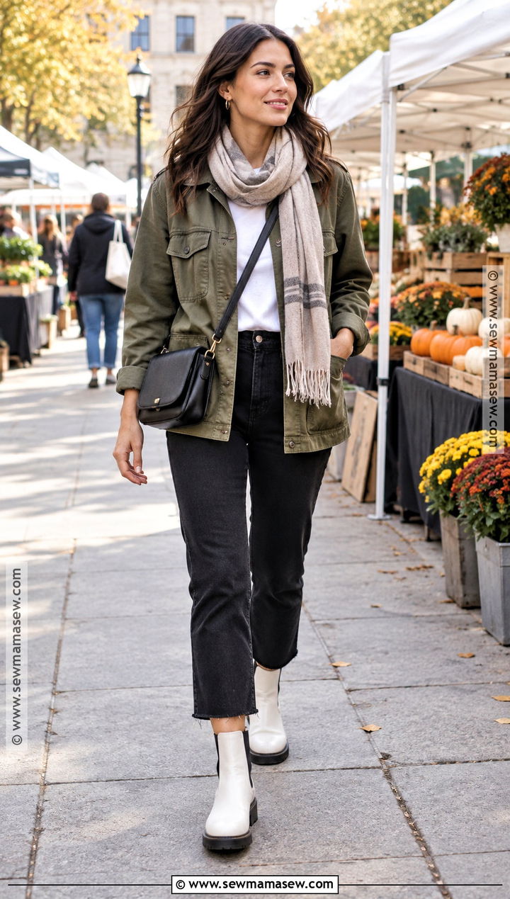White Chelsea Boots With An Olive Utility Jacket - 15 white chelsea boots outfit fall