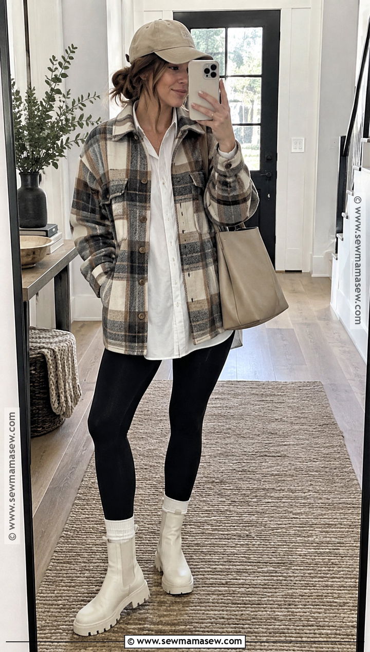 White Chunky Boots With Leggings And Shacket - 20 Fall Outfits White Boots