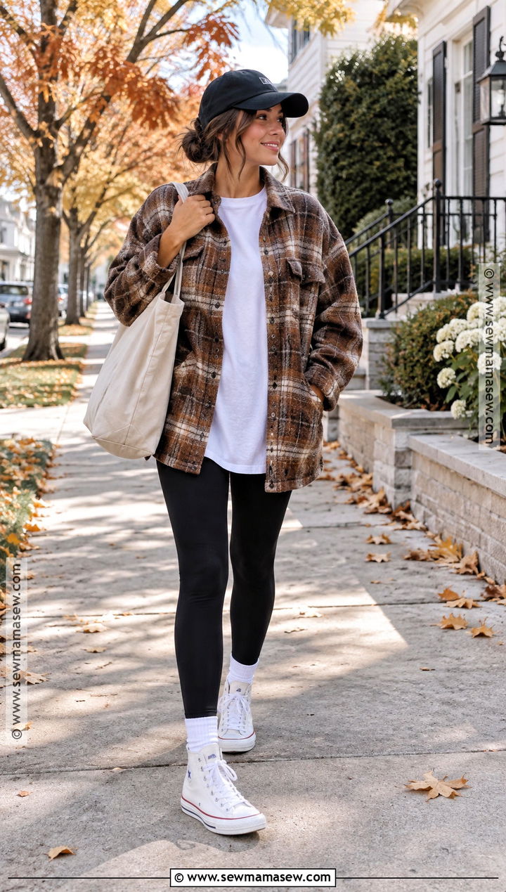 White Converse With Leggings And An Oversized Shacket - 15 Converse Sneakers Fall Fashion