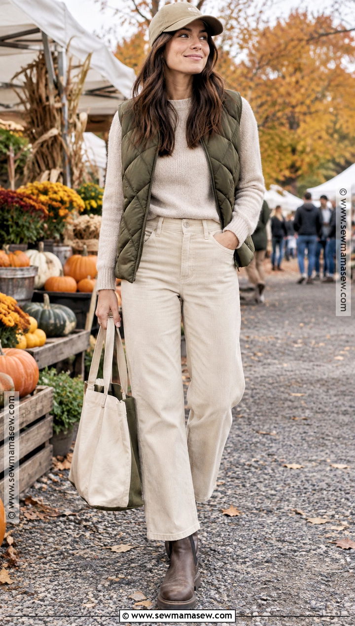 White Corduroy Pants With Puffer Vest - 20 white pants autumn outfit