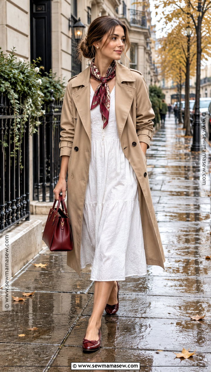 White Cotton Dress With Beige Trench Coat - 20 white dress autumn outfit ideas