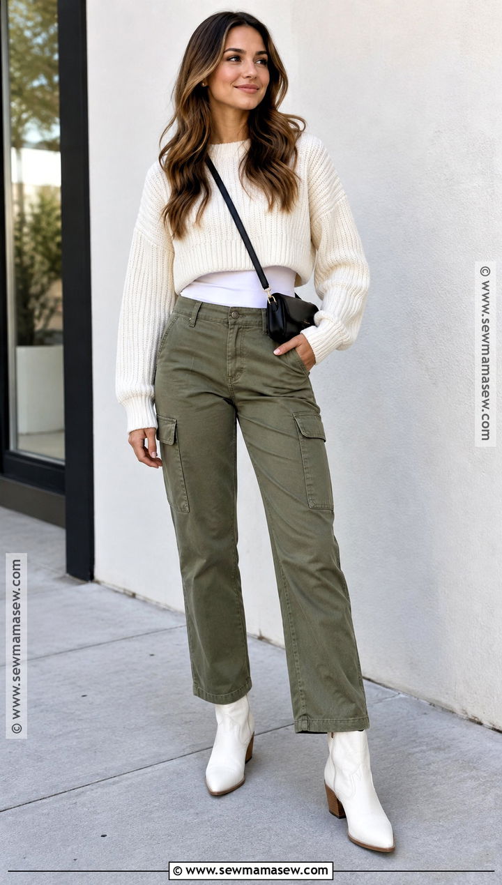 White Cowboy Boots With Cargo Pants And Cropped Sweater - 15 white cowboy boots fall outfit